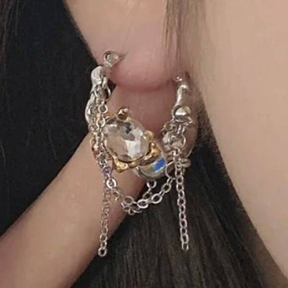 Two Tone Crumpled Metal Earrings Hammered Gold Silver Chain CZ S28 - Picture 1 of 4